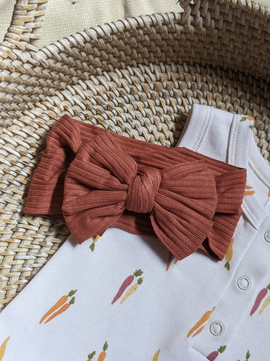 Ribbed Bow Headband in Coral Clay