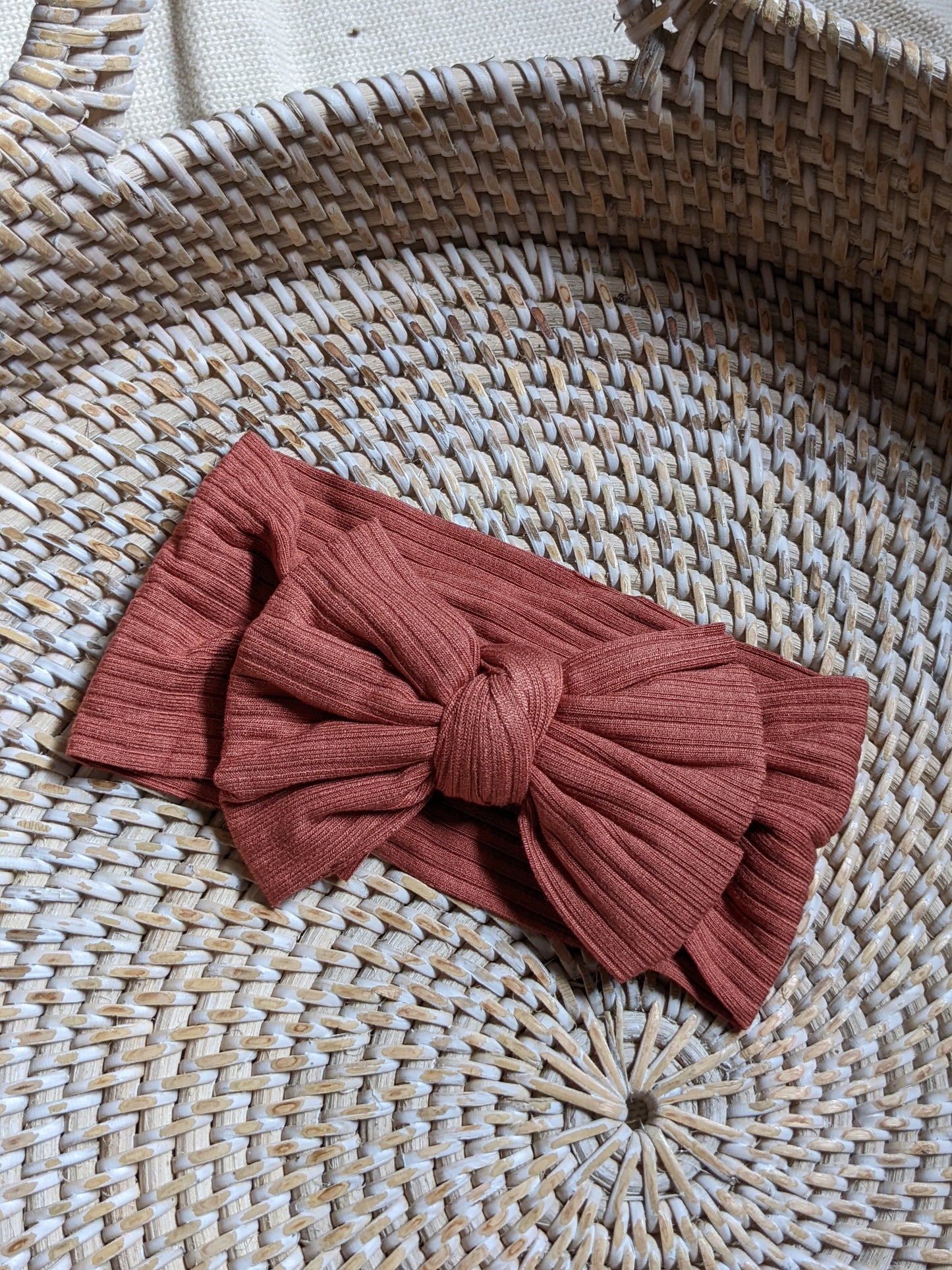 Ribbed Bow Headband in Coral Clay